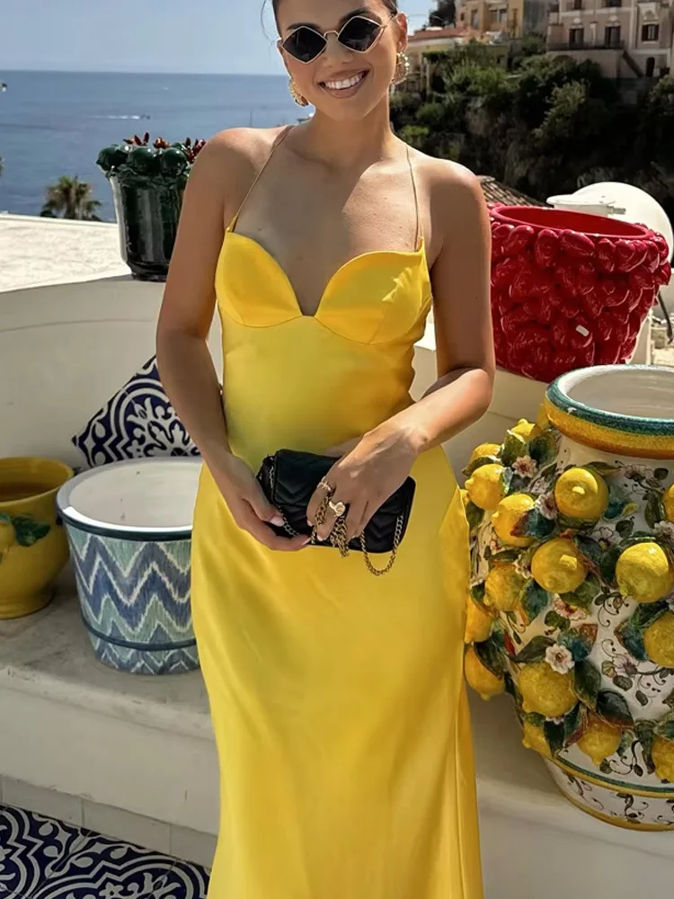 HH 2025 여성 여름 휴가 스타일 백 지퍼 새틴 텍스처 롱 드레스 민소매 여성 패션 레드 V넥 슬링 드레스