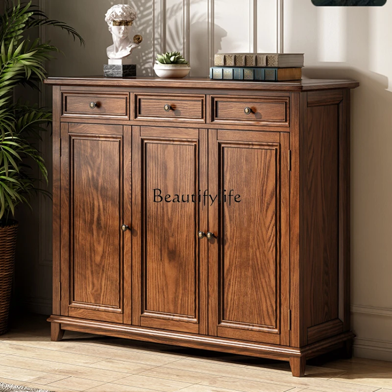 American Country Three-Door Shoe Cabinet Solid Wood Retro Porch Locker Ash Wood Living Room Furniture