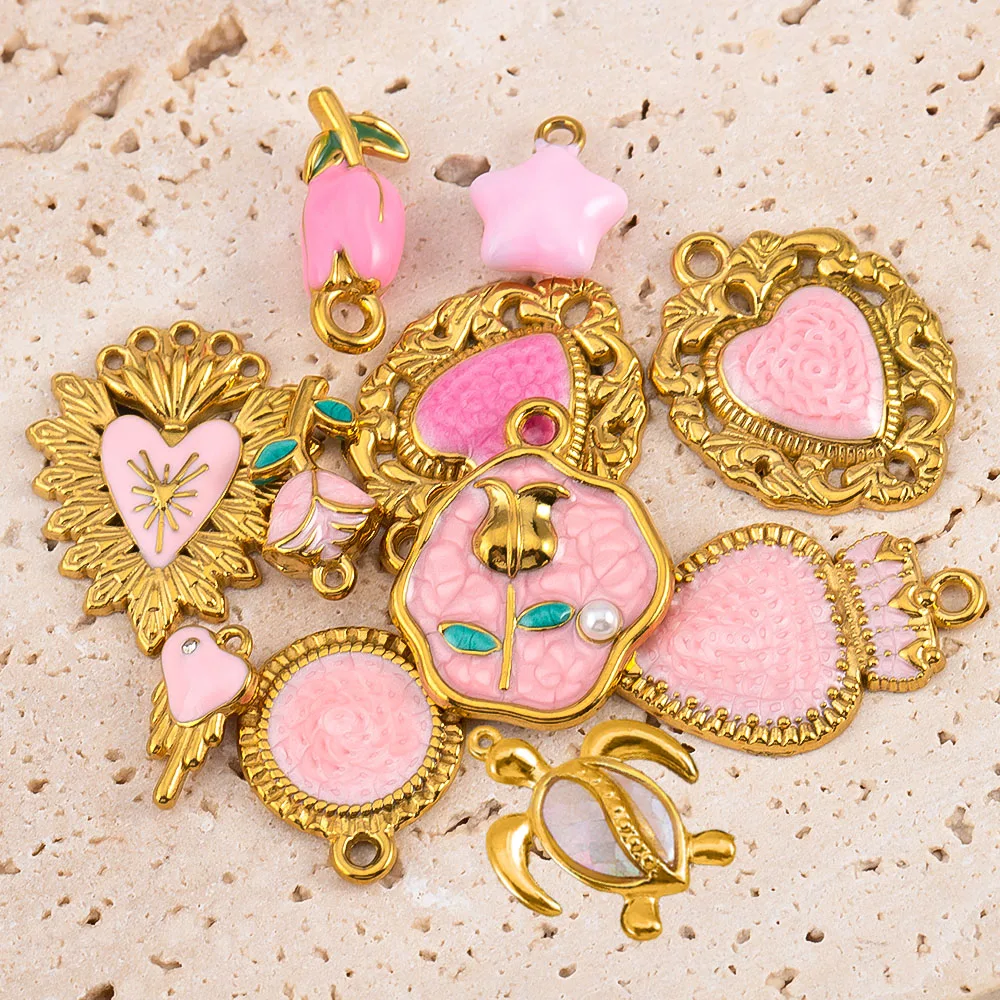 1pc Stainless Steel Retro Pink Enamel Rose Flower Heart Pendant for DIY Necklace Earring Jewelry Making Pendant Accessories