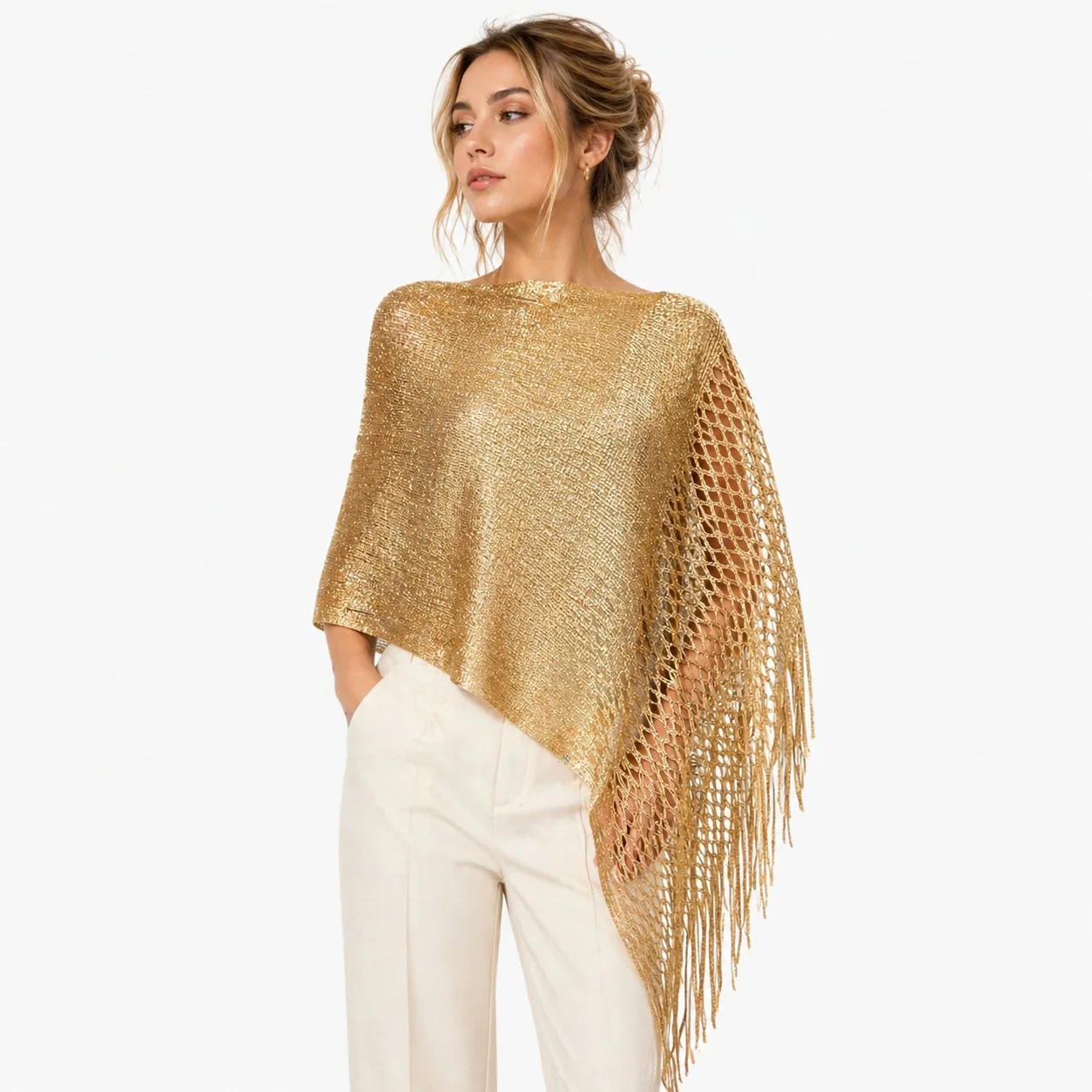2026 Spring/summer European and American Style Gold and Silver Thread Mesh Tassel Hollow Knit Shawl - Women's Fashion Outerwear