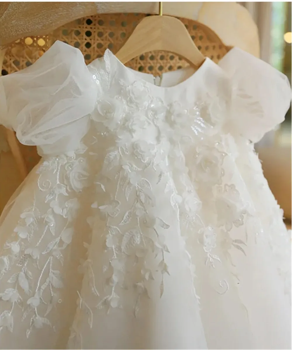 

Elegant Flower Girl Wedding Dress Kids Appliques Petal Bow Ball Gowns Children Baptism Princess Birthday Formal Bubble Dress