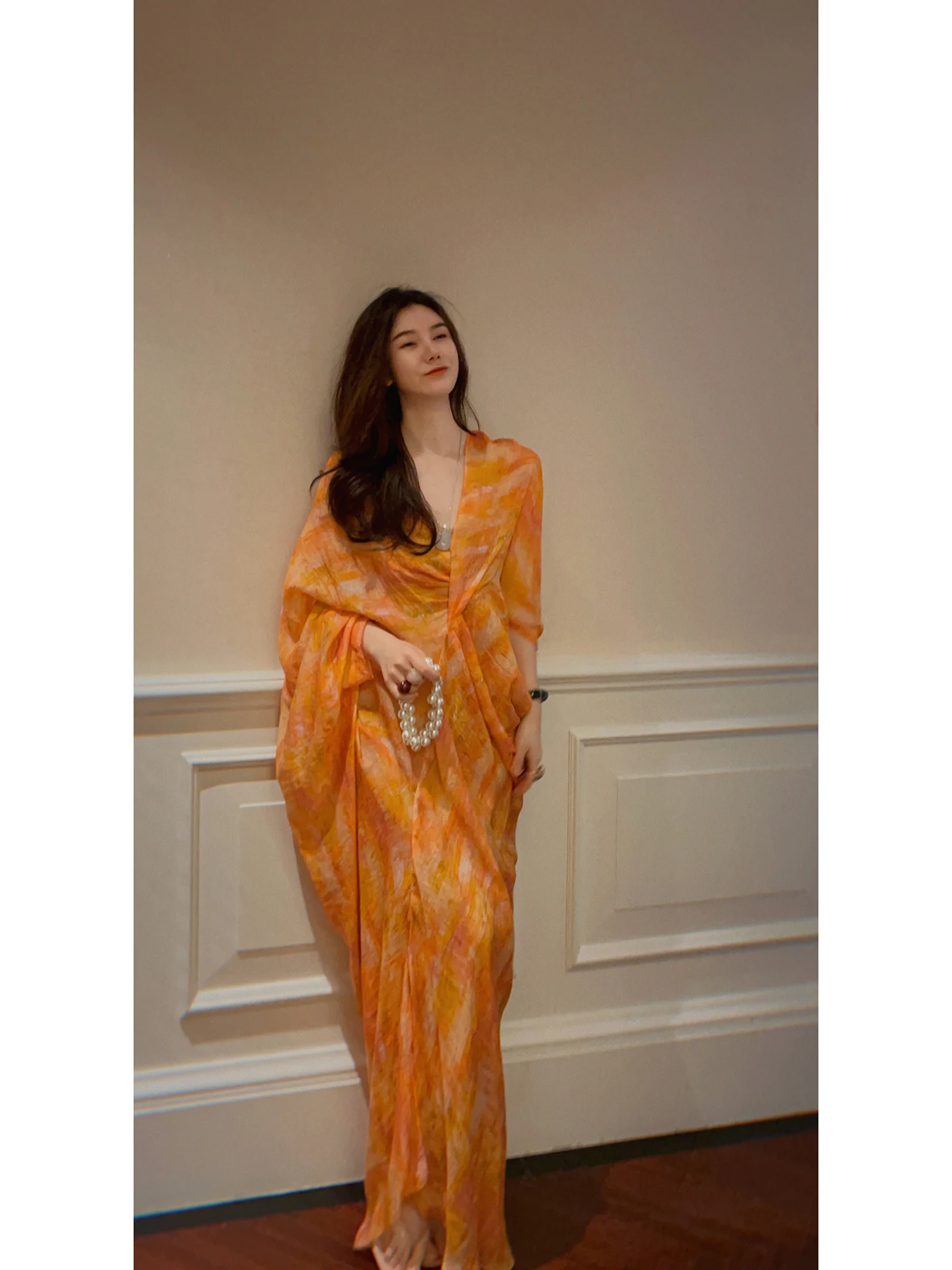 

Summer Long Loose Dyeing Orange Tone Lazy Sle Vaion Dr High Waist Polyester Fiber V-ne Sve Length Zipper Fairy S...