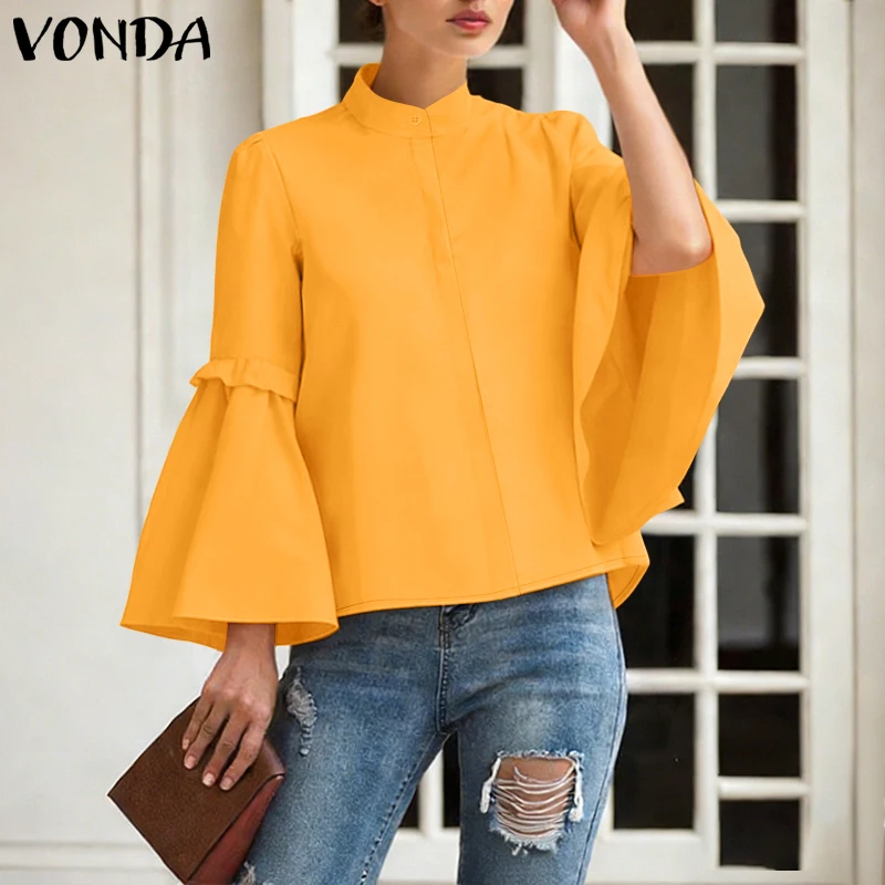 

Женская блузка VONDA больших размеров (до 5XL), однотонная, с длинными расклешенными рукавами, модная, повседневная, элегантная, для офиса, топ-туника, осень-весна 2026