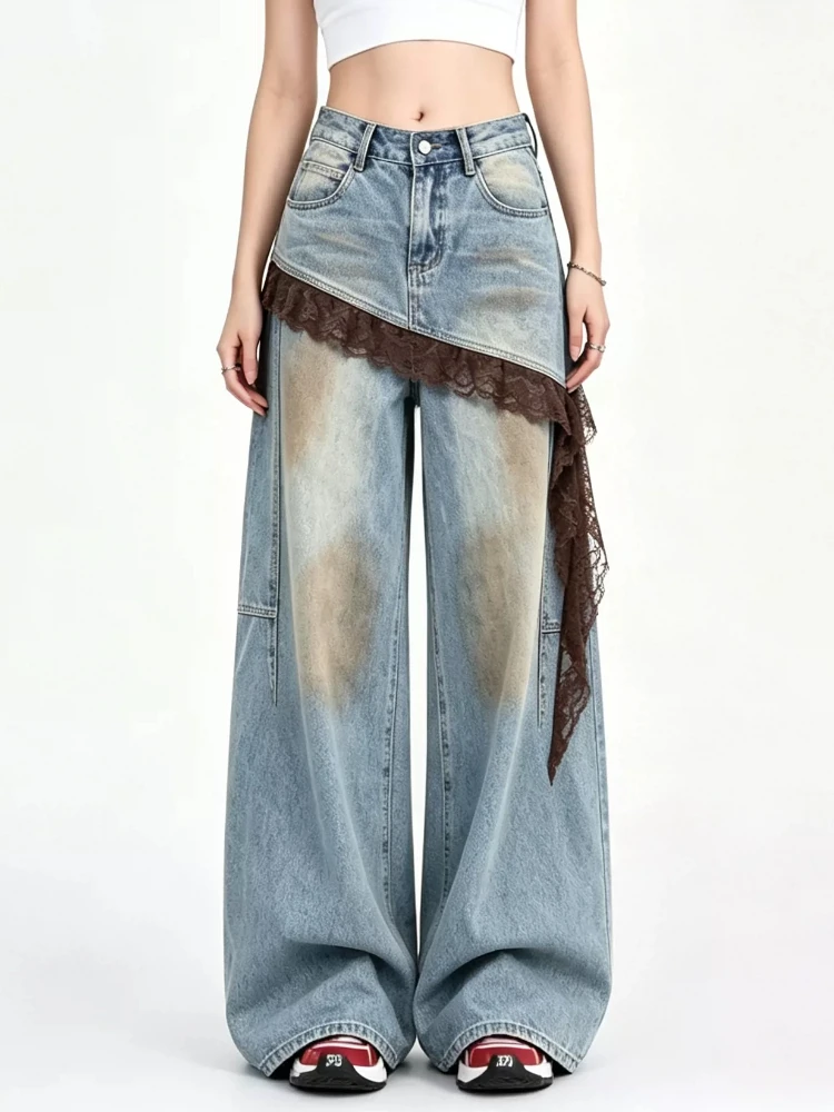 Women American Retro Lace Spliced Layered Skirt Panel Curved Wide Leg Jeans 2026 Autumn Fake Two Piece Loose Long Denim Pants