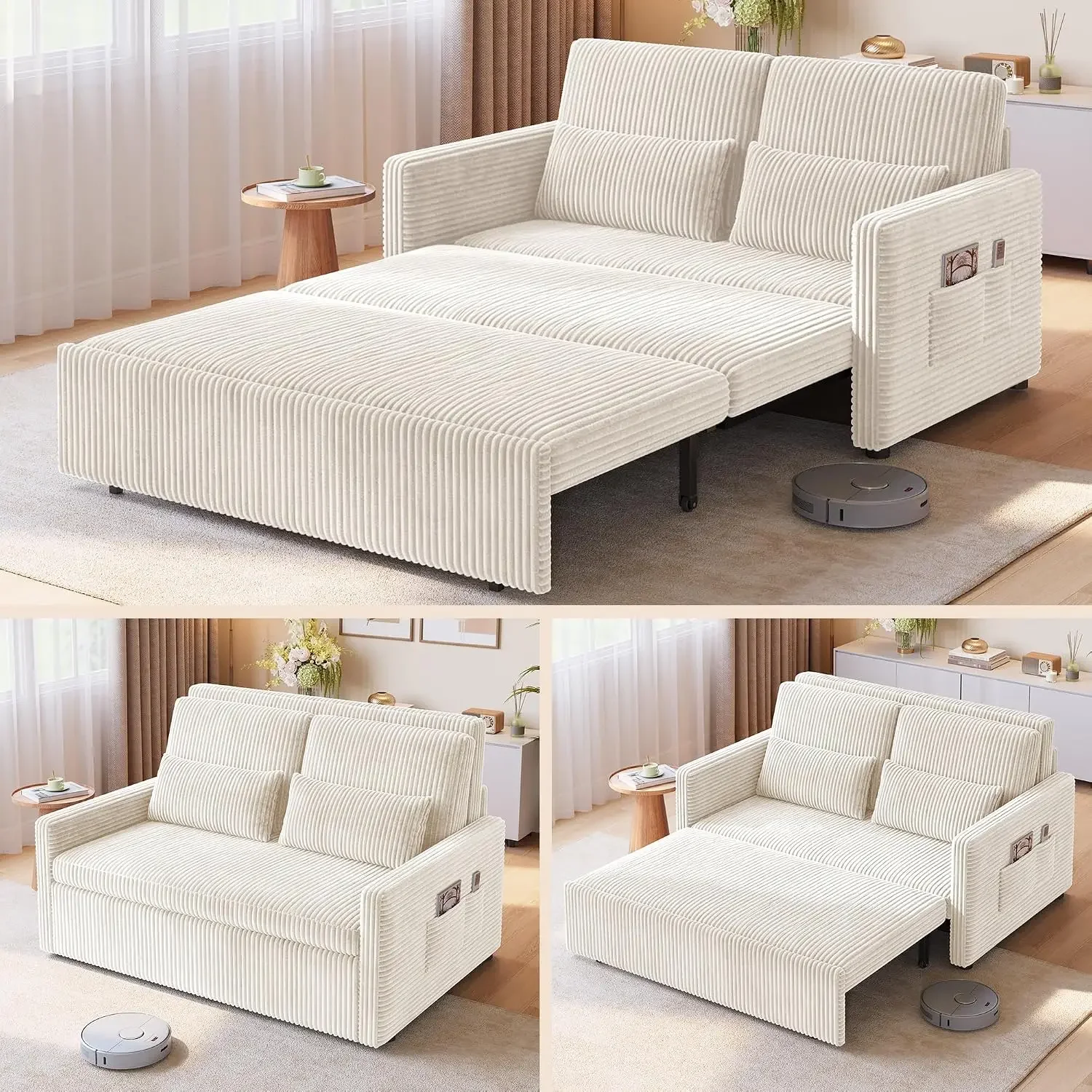 Convertible Loveseat Sleeper Sofa Bed, 3 in 1 Pull Out Couch, Beige | 77.2'' Sleeper Length Sofa with Side Pockets, Corduroy Cou