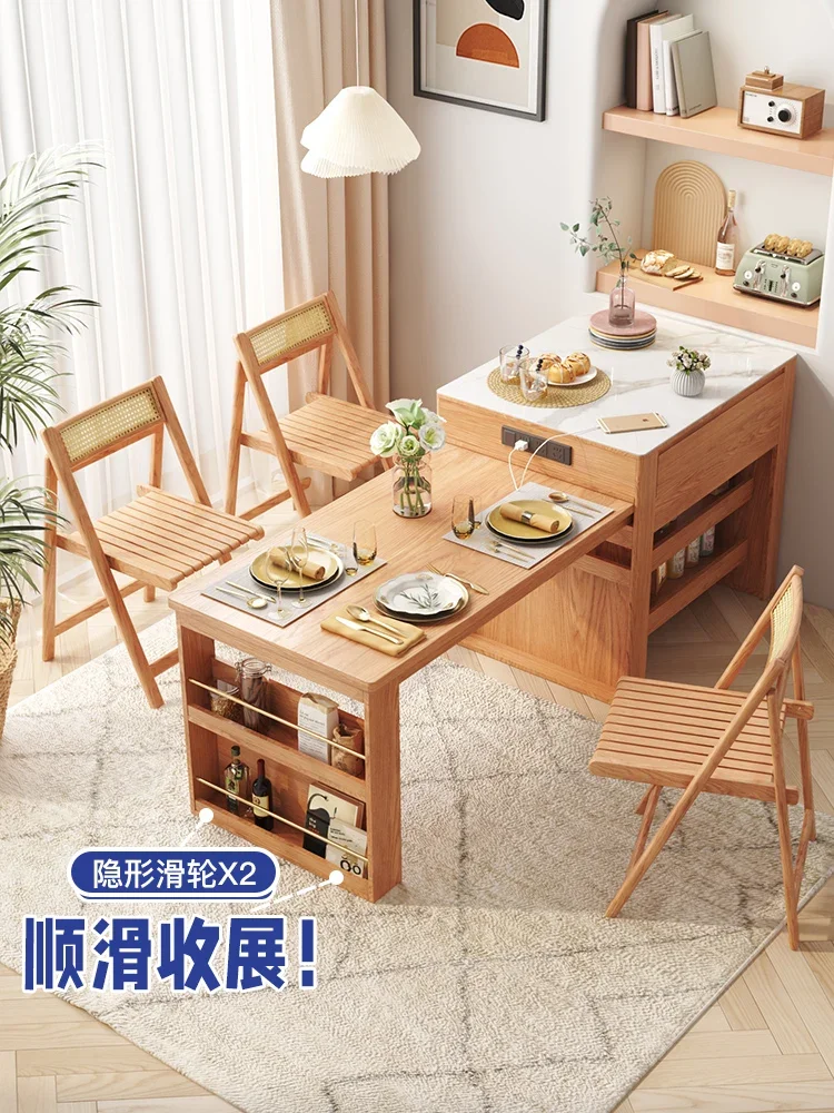 Island table integrated household retractable simple high-end rock slab kitchen bar table solid wood dual-purpose