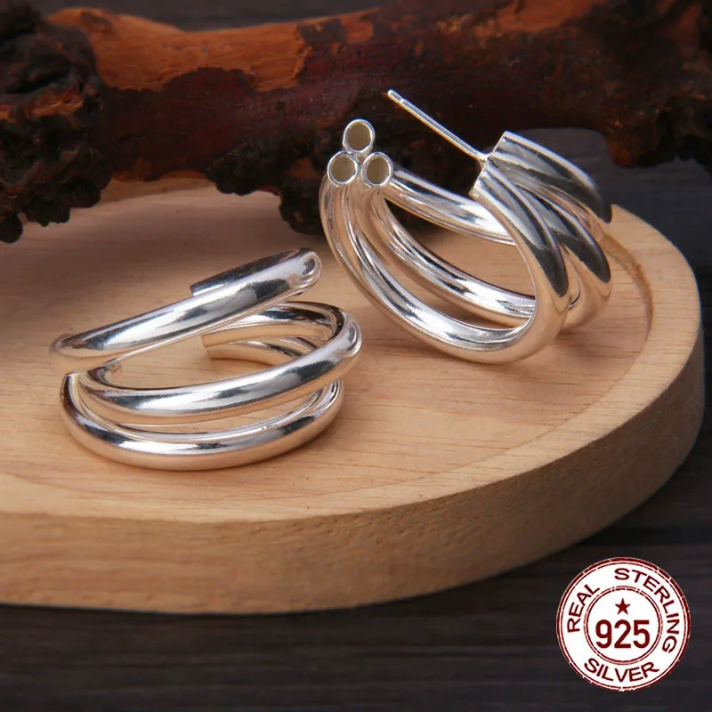 S925 pure silver ear nail exaggerated C-shaped three ring circle light luxury socialite temperament retro fashion