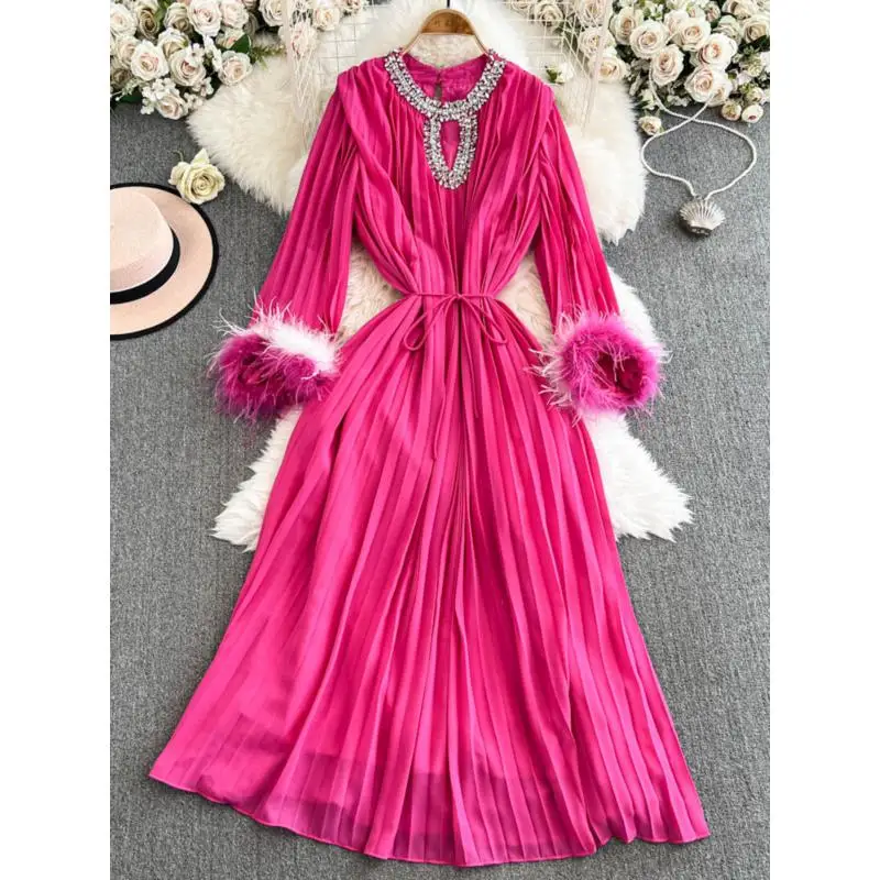 GetSpring Women Dress 2025 Spring Fashionable Elegant Ostrich Hair Decoration Diamond Full Sleeve Loose Long Pleated Dresses New