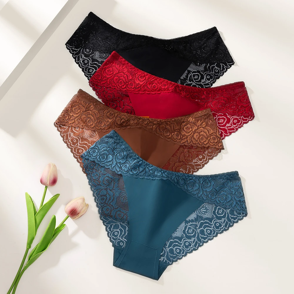 Women\'s 3Pcs Lace Panties Hollow Out Women\'s Panties Leaf shaped Cute Lace Culottes Comfy Breathable Underwear Stretchy Pantys