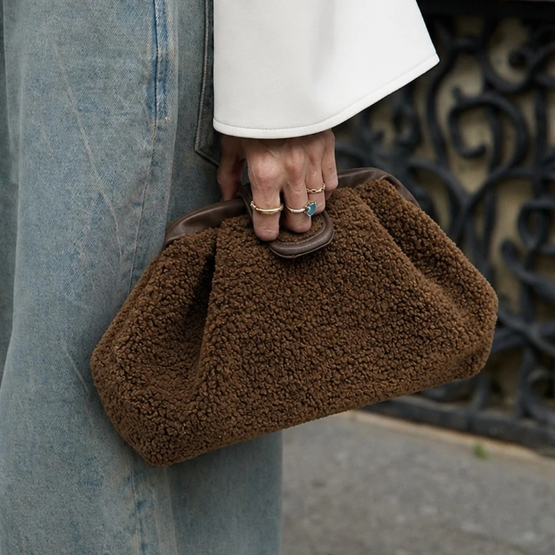 Winter/autumn Teddy Artificial Lamb Wool Clutch Bag  Retro Soft Flip-top Pleated Women's Evening Party Bag Bolsa Feminina