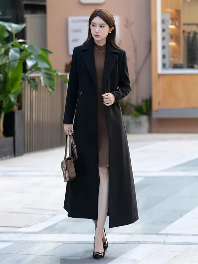 New Women Long Woolen Coat Autumn Winter Fashion Suit Collar Slim Waist Cotton Liner Wool Blended Coat Elegant Daily Outerwear