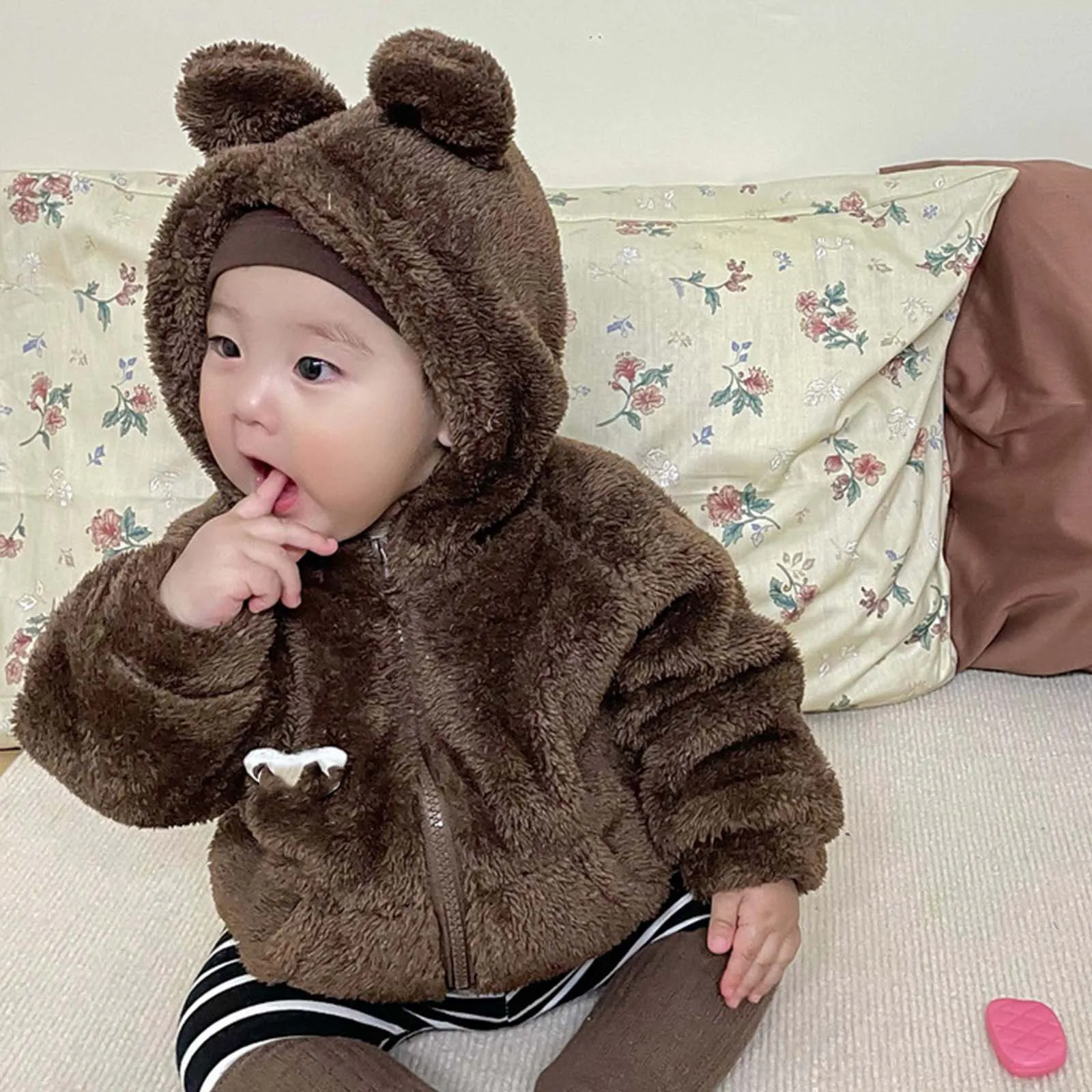 Autumn Winter Korean Fashion Infant Boys Jacket Plush Thickened Newborn Parkas Bear Ear Hooded Zipper Baby Girls Outerwear Coat