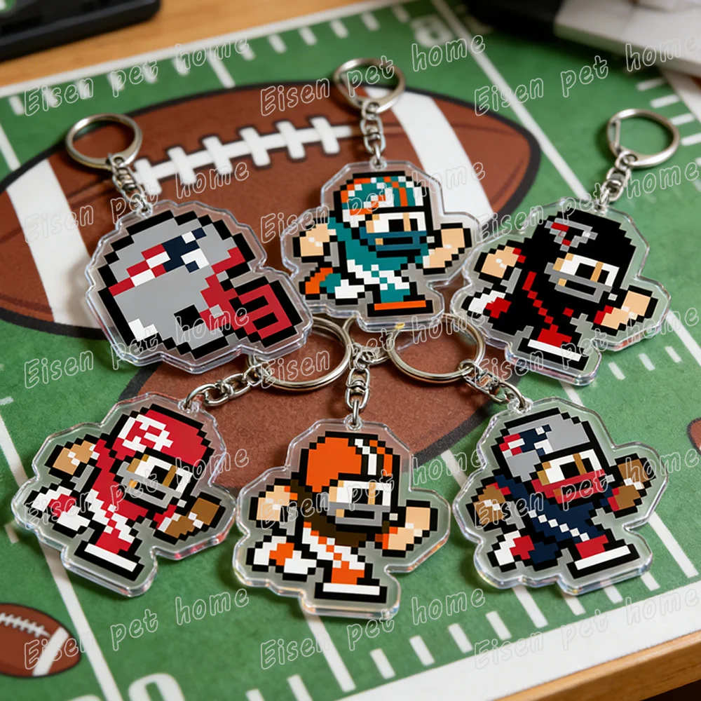 Pixel Style Football Keychain Accessories Bag Cute Cartoon New England Patriots Keyrings Jewelry Gifts for Friends