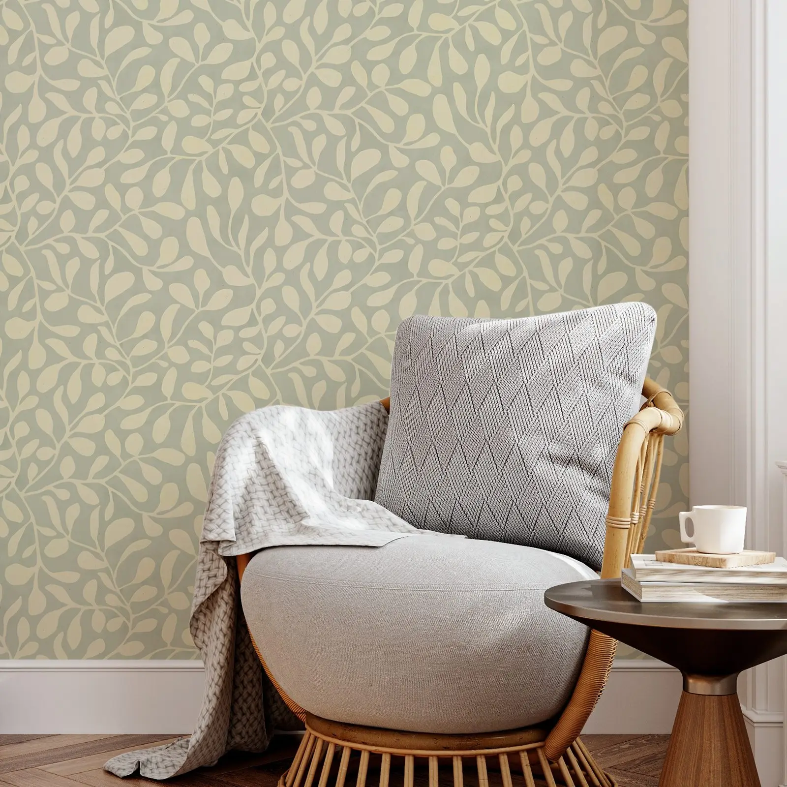 Green Twist leaves Wallpaper, Tropical leaves Wall paper in vintage Green and beige