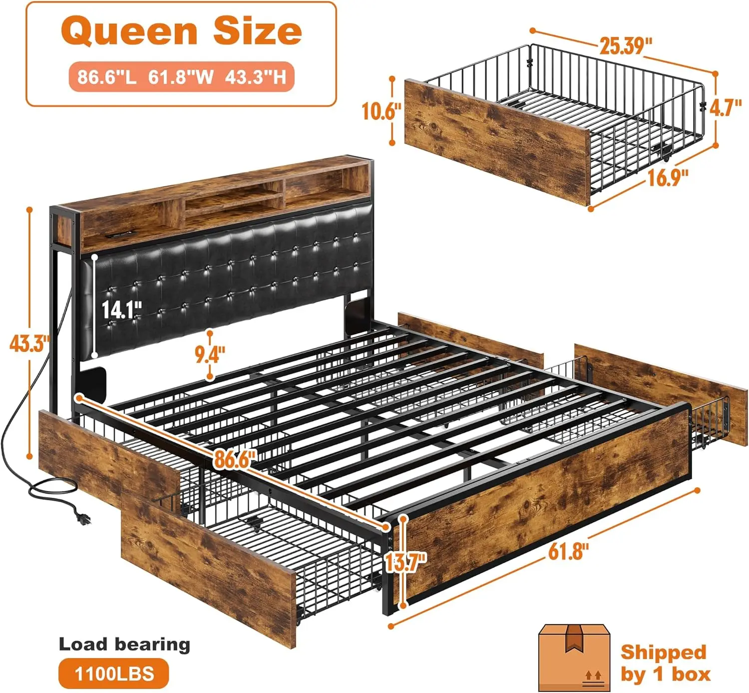 Estrutura de cama queen com 4 gavetas de armazenamento Estrutura de cama queen com cabeceira estofada Estrutura de cama queen size com carregamento embutido