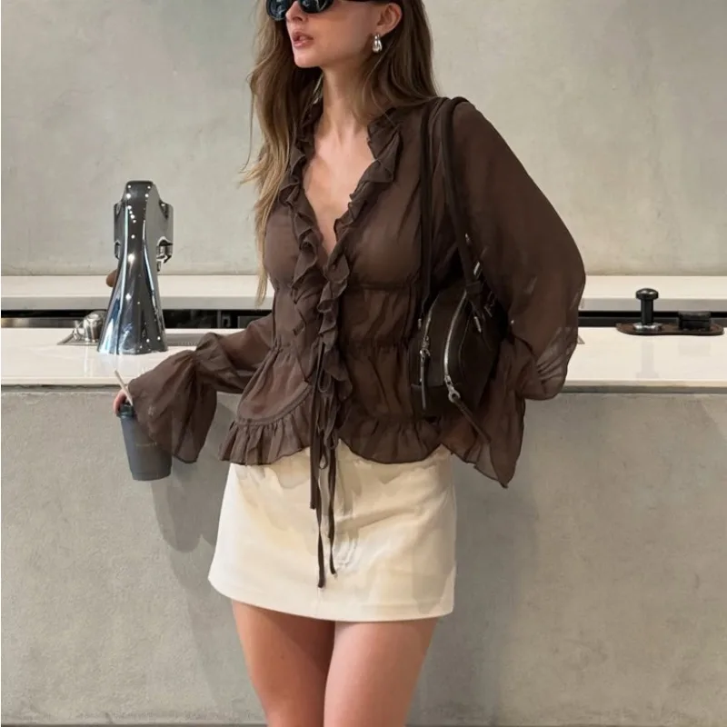 New Women Sexy Sheer Chiffon Top Deep V Neck Ruffle Trim Flare Sleeve Tie Front Slim Fit French Style Casual Shirt Blouse