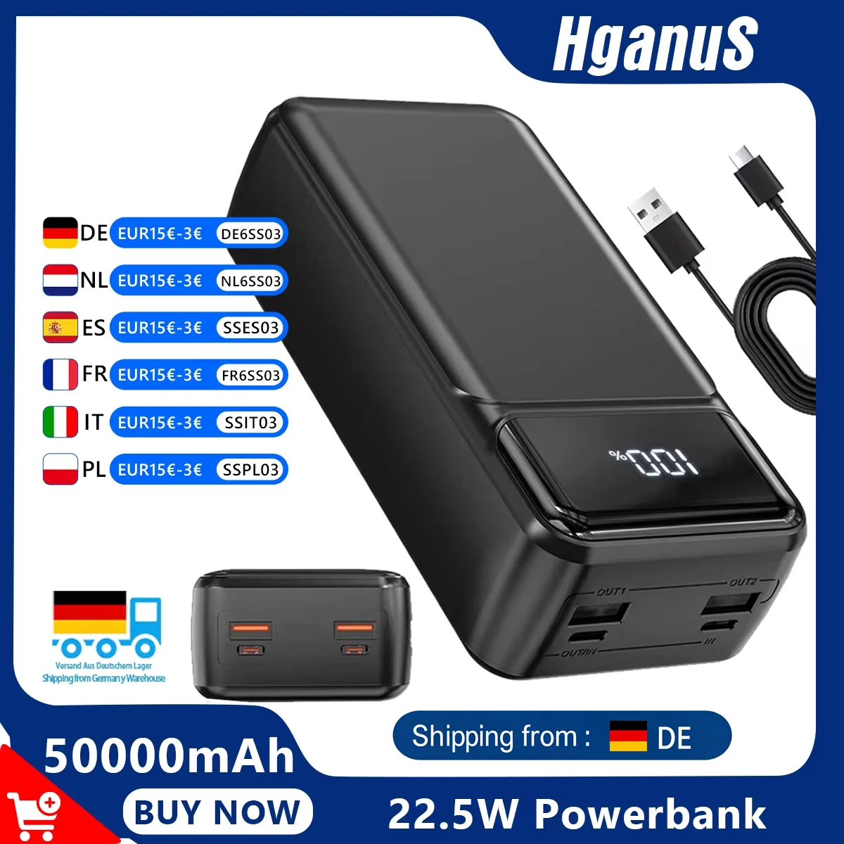 Hganus 50000 mAh Powerbank, 22,5 W, schnelles Aufladen, externer Akku, hohe Kapazität, extra großer Akku, wiederaufladbare Schnellladestation für IPh, Xiaomi, Samsung, iPad
