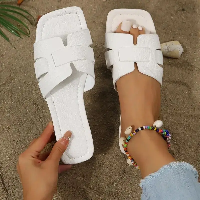 Women Summer Slippers Female Minimalist Square Toe Flat Sandals Hollow Out Open Toe Slides Sandals Women's Footwear