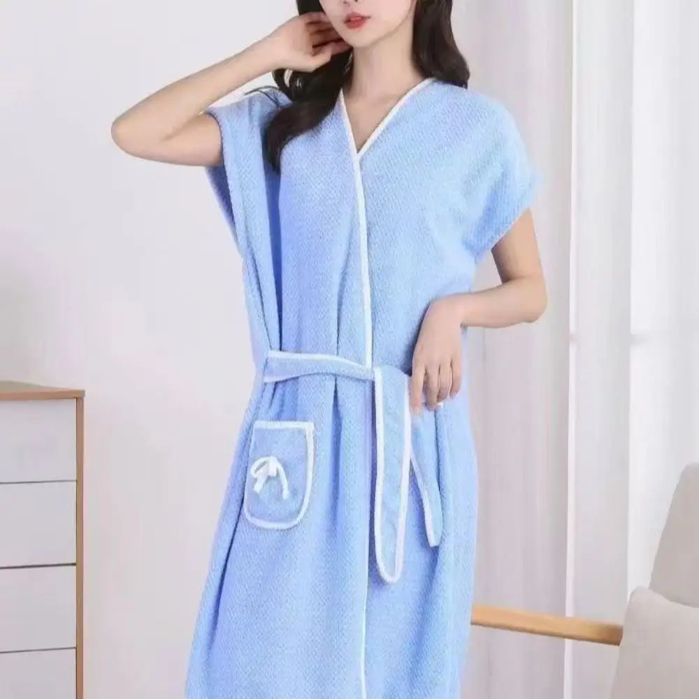 Soft Coral Velvet Short-sleeved Robe Towel Super Absorbent Can Be Worn and Wrapped Tied Bathrobe Women's Bath Wrap Dress