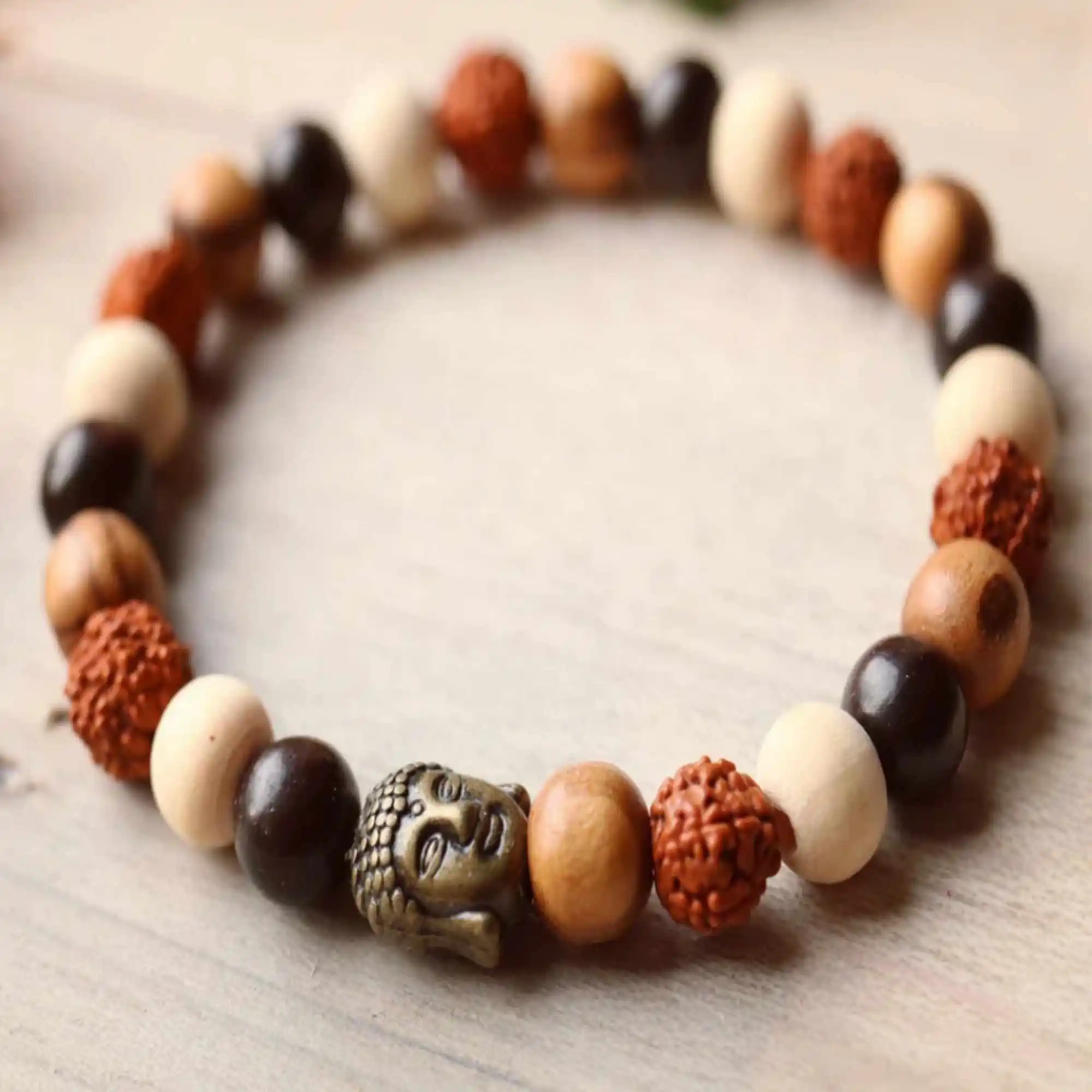 8mm Buddhist Rudraksha Seeds Ebony Surf Wood Bronze Buddha Bracelet Mental Bohemia Prayer Bless Men's spread Yoga