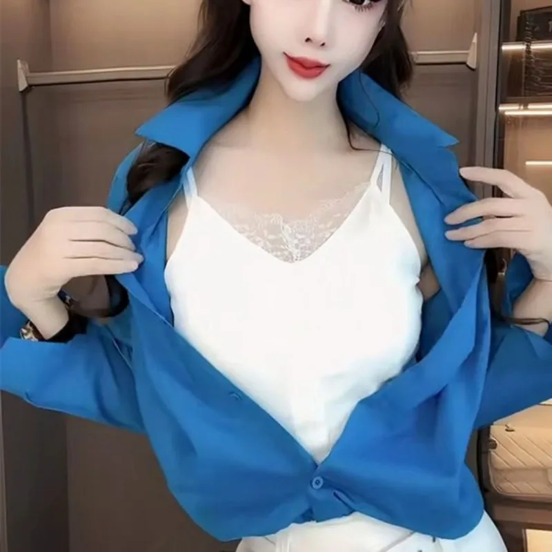 Ladies Fashion Simplicity Korean Style Elegant Trend Spring Summer New Style Lace V-neck Sling Fake Two Long Sleeved Shirts Tops