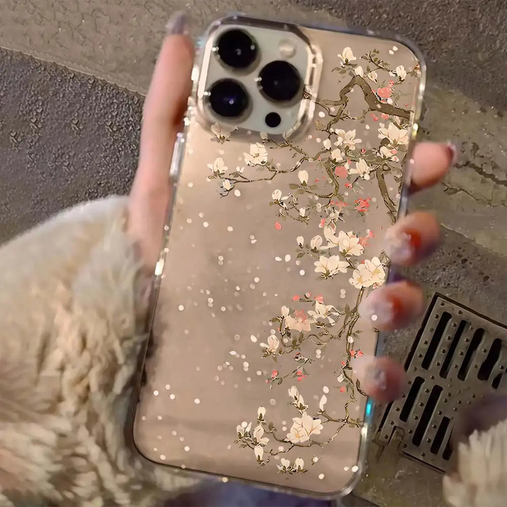 Vintage Magnolia Flower glitter Phone Case For iPhone 17 16 14 12 13 15 11 Pro Max Air 16 15 14 Plus 17E 16E X XR Soft TPU Cover view 2