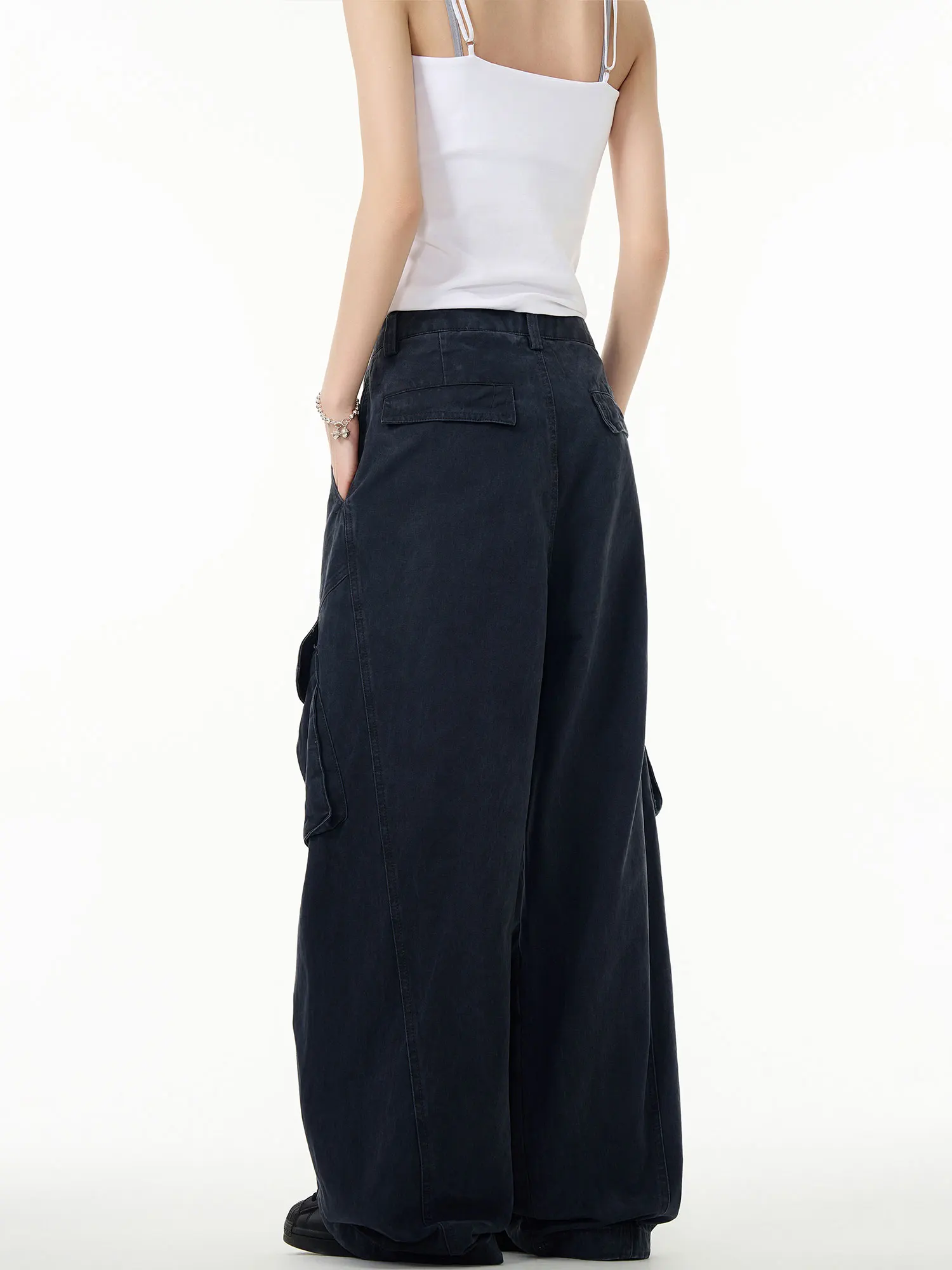 تصميم ريترو أمريكي فضفاض غير رسمي مطوي مستقيم أنبوب السراويل درا عمال بنطلون للنساء جينز واسع الساق l الخصر