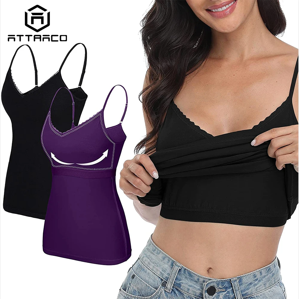 Attracko Women Camisole Pack 2 solidna z koronkowym wykończeniem bezrękawnik z dekoltem w serek topy bawełniana wbudowana półka biustonosz