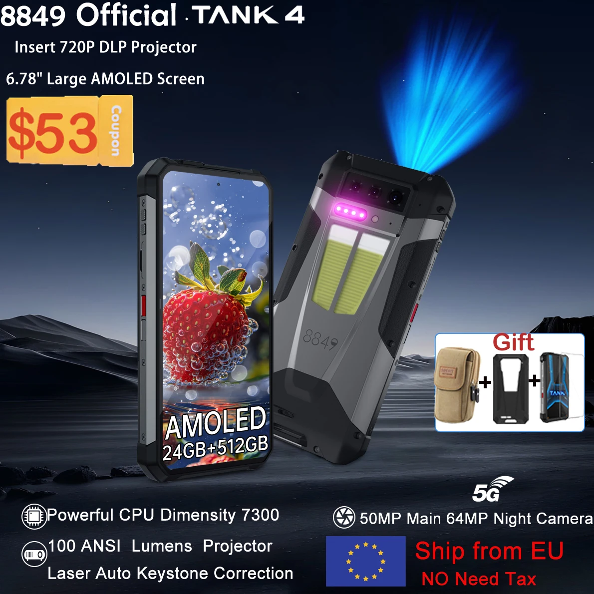 8849 Tank 4 Unihertz 5G Rugged Smartphone Projector 720P 100 Lumen 6.78'' AMOLED 512G Android14 11600mAh Dimensity 7300 120Hz