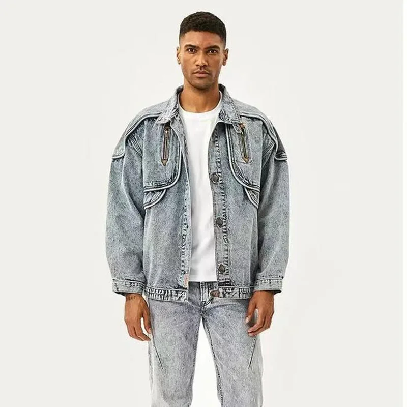 American Retro Jacket Snowflake Washed Vintage Denim Jacket ZipPocket Tooling Lapel Jean Coats Loose Motor Jaqueta  WJ111