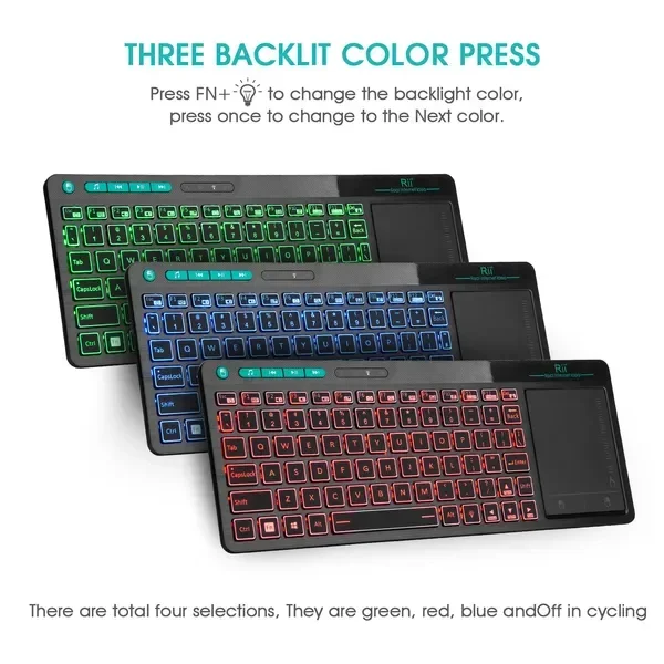 K18+ Wirel3-LED Color Backlit Multimedia Keyboard with Multi-Touch Big Size Trackpad,Rechargable