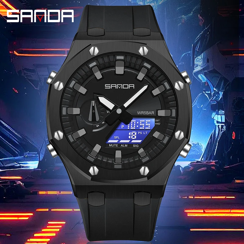 SANDA Top Sport Men Quartz Digital Watch Creative Diving Watches Men Waterproof Alarm Watch Dual Display Clock Relogio Masculino