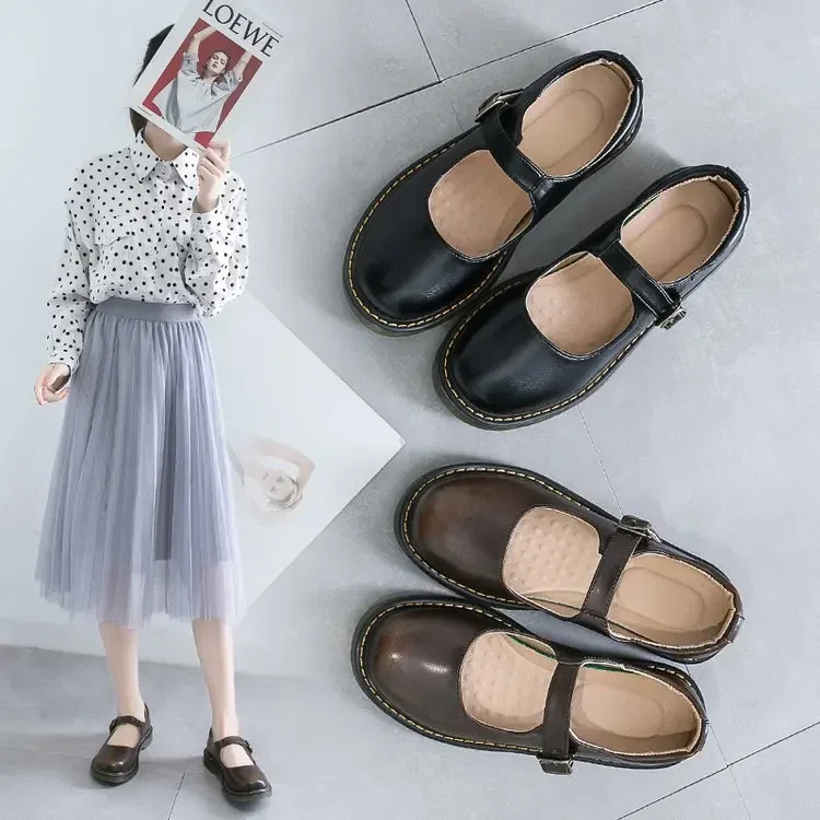 2024 Summer Women's PU leather shoes college style shallow mouth flat bottomed retro shoes good-looking fashionable comfortable