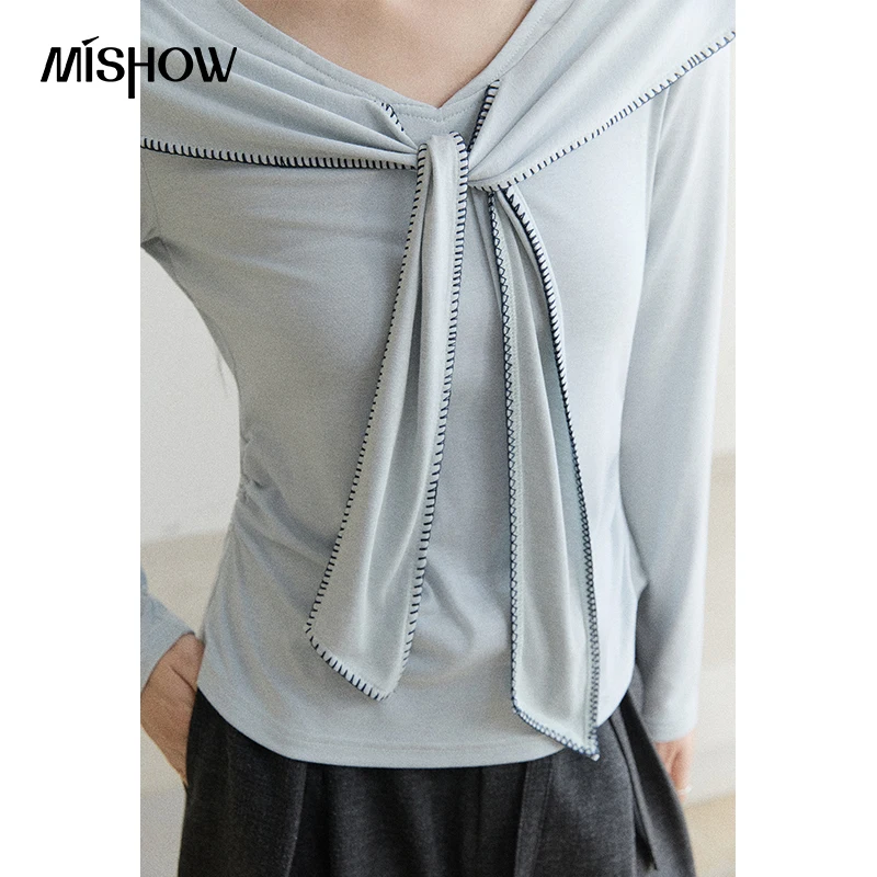 MISHOW Women's Integrated Shawl Collar Fake Two-piece Knit Top 2026 Autumn Contrast Stitching Long Sleeve Knitwear MXF43T3138