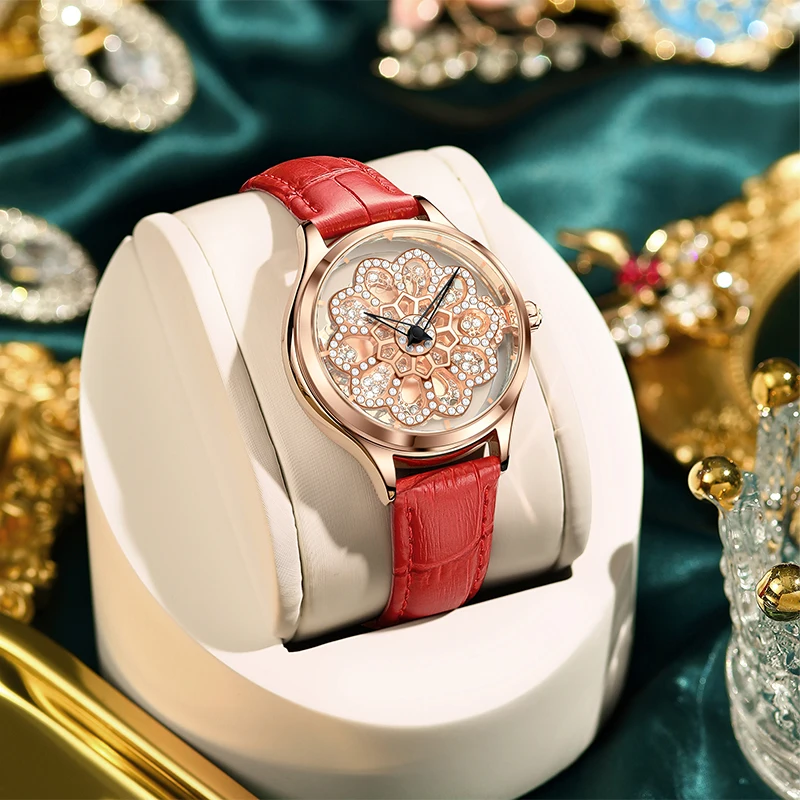 LIGE New Fashion Rotating Quartz Leather Ladies Watch Luxury Colorful Crystal Sparkling Casual Shiny Women Watches Reloj Hombre