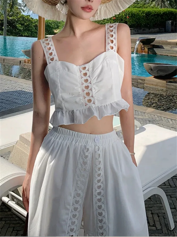 

French retro vacation style summer White two pieces sets heart hollow out camis vest&High split long skirt suits beach dress