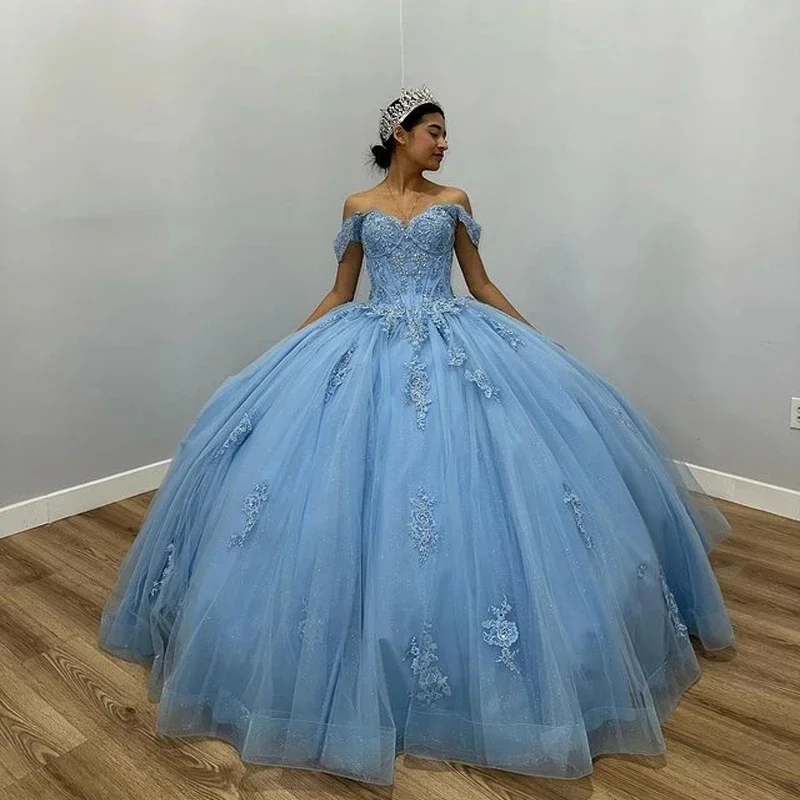 

Sky Blue Tulle Ball Gown Quinceanera Dresses Sweetheart Appliques Birthday Party Mexican Girls Vestidos De 15 años