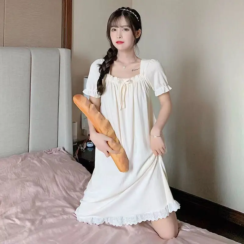 Square Collar Sleepwear Woman Short Sleeves Summer Nightgown Korean Nightwear Night Dress One Piece Pajamas Sleeping Home Wear