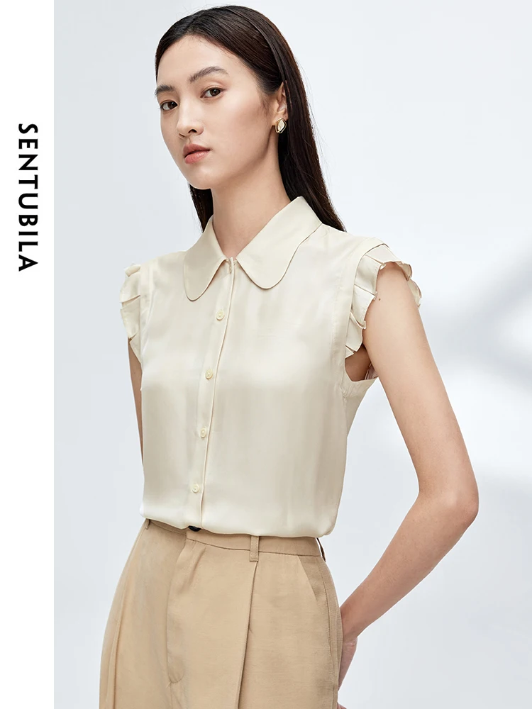 

SENTUBILA Apricot Sleeveless Shirt 2024 Summer Polo Collar Ruffles Straight Single Breasted Elegant Women's Blouses M32C49487