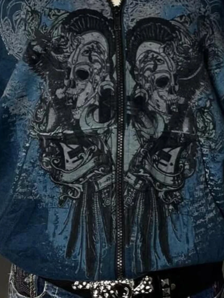 Americká retro Y2k Harajuku Spice Girls mikina s kapucí pro ženy volný dlouhý rukáv lebky kožešinový límec zip kabát vintage ležérní elegantní topy - náhled 5