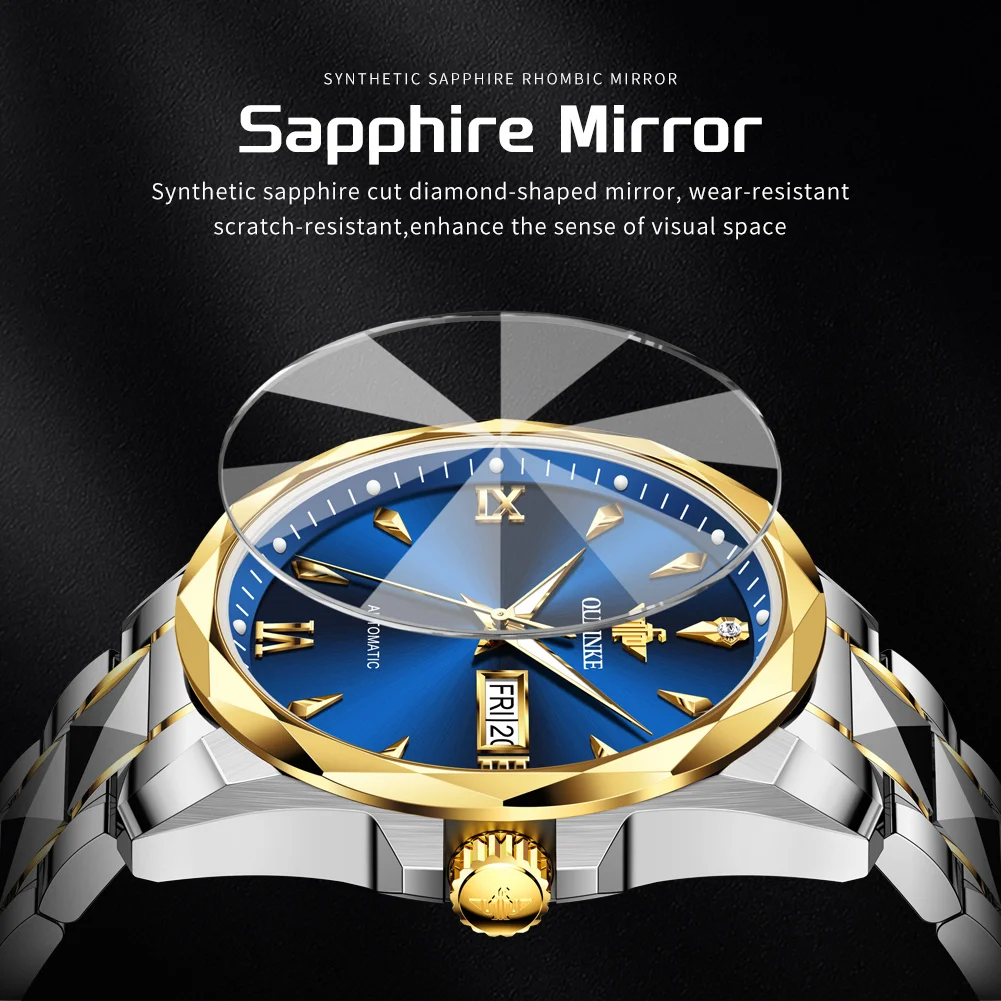 OUPINKE 3315 Mens Watch Tungsten Steel Automatic Mechanical Watch﻿ Waterproof Luminous Week Date Watches For Man Luxury Gift
