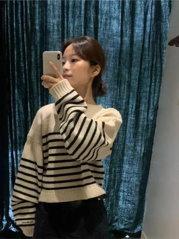 rien-ecrit-narchi-coreen-sle-ample-raye-orts-pull-tricote-haut-decontracte-faion-accories-collection-d'hiver