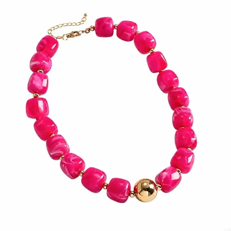   Bold Square Bead Necklace with Marbled-Look Acrylic Beads, Gold-Tone Center Accent, and Lobster Clasp Extender Neckchain