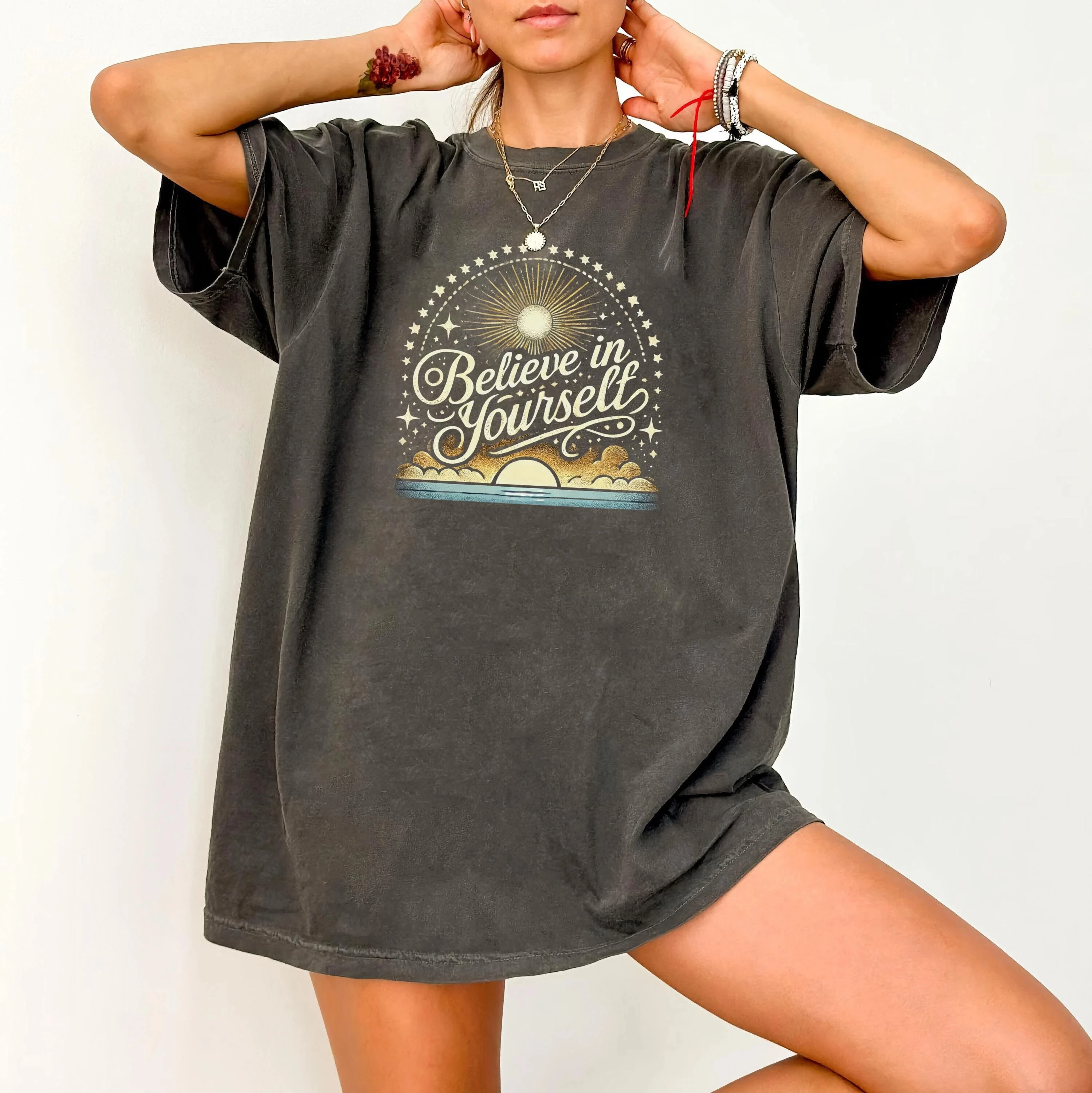 Sommer Damen-T-Shirt „Believe in Yourself“ mit Retro-Grafik, aus Baumwolle, atmungsaktiv, kurzärmelig, Streetwear, Oversized, locker geschnitten, lässig