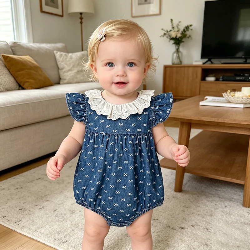 2026 Summer Newborn 0-24M Baby Girl Clothing Denim Dark Blue Romper Cotton Bow Print Baby Girl Flutter Sleeve Jumpsuit