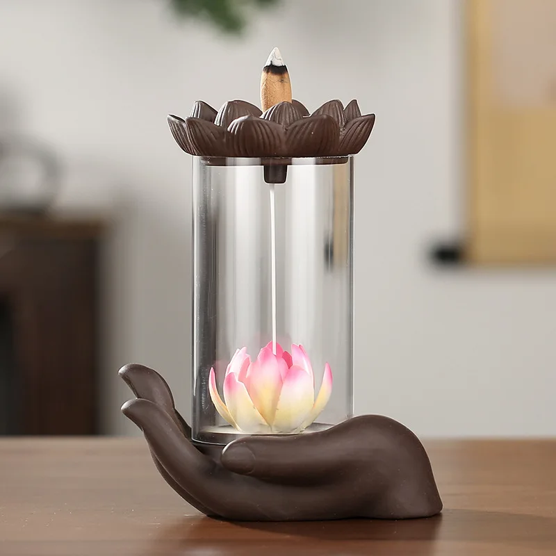 Acrylic Cover Zisha Backflow Incense Holder Buddha Hand Lotus Ornament (Without Incense)