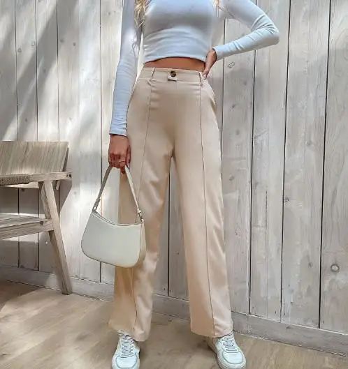 Jesienne spodnie damskie w jednolitym kolorze z wysokim stanem, wyszczuplające, proste nogawki, eleganckie spodnie do kostki w jednolitym kolorze, proste nogawki.