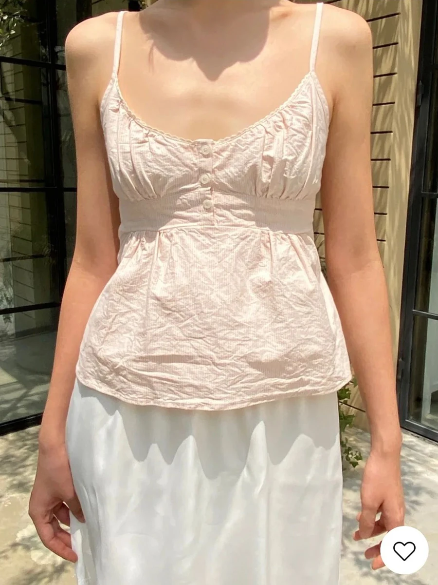 Pink Stripe Lace-up Slim Tank Tops Women Lace Trim Buttons V-neck Cotton Camisole Vintage Sweet Summer Sleeveless Crop Top Y2k