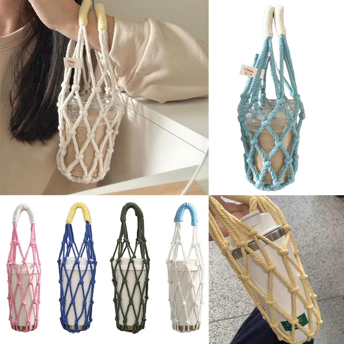 

Reusable Portable Macrame Coffee Cup Holder Handmade Drink Carrier Tote Bag Eco-Friendly Reusable Beverage Carrier for Travel