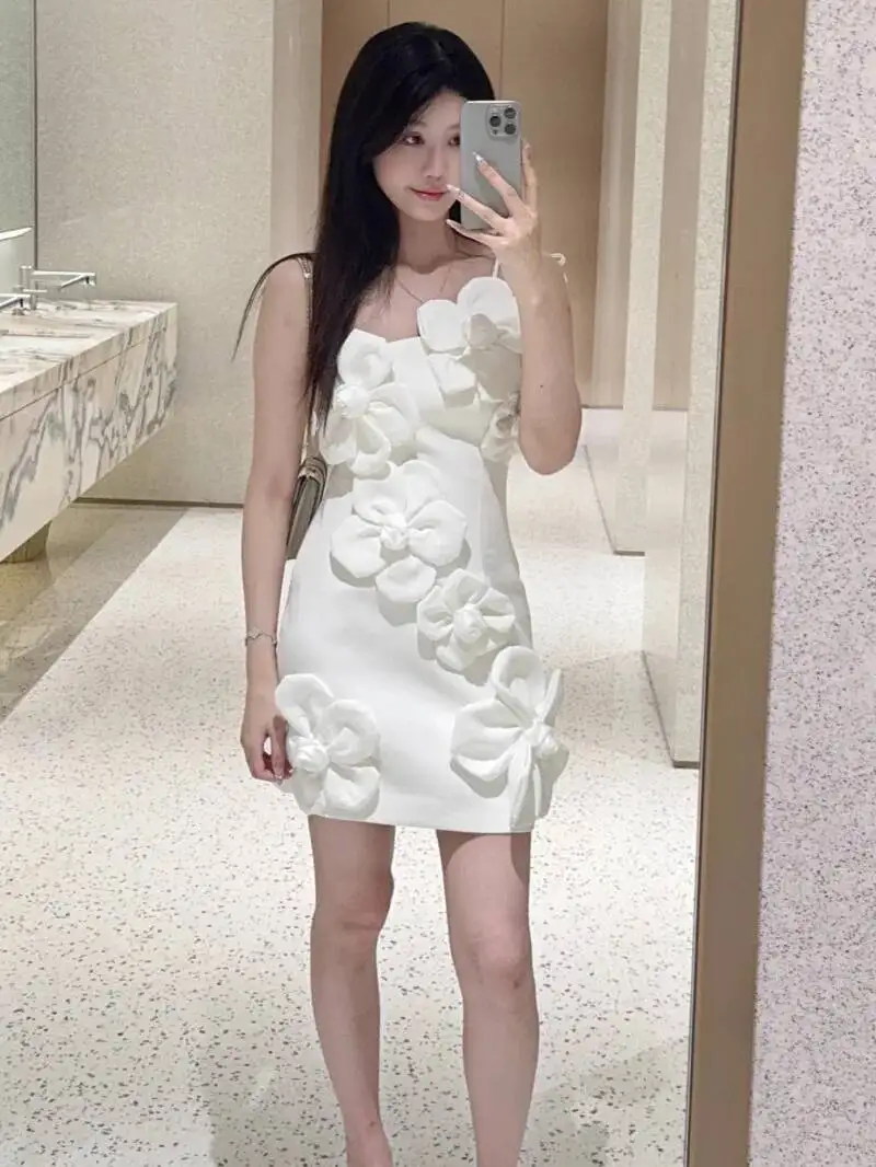 Patchwork Appliques Mini Dresses For Women Diagonal Collar Sleevelss Spliced Lace Up High Waist Dresses Female New VTL2